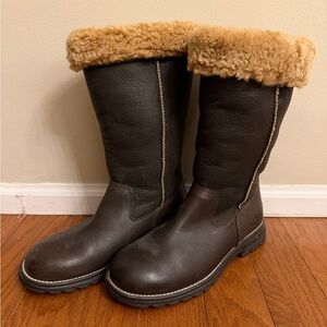 UGG Dark Brown Leather Shearling-Trim Tall Boots